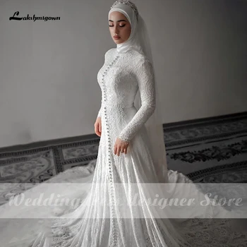 Lakshmigown Čipke Haljo De Mariage Dolg Rokav Črto Muslimanskih Poročno Obleko z hidžab poročne obleke plus velikost Vestidoe De Noiva