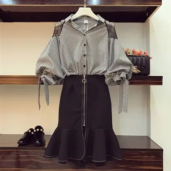 2 Delni Komplet Krilo Obleko Poletja 2018 Modnih ženskih Čipke Mozaik Batwing Sleeve Majica Bluzo & Black Visoko pasu fishtail krilo