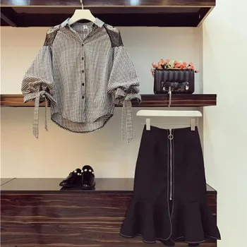 2 Delni Komplet Krilo Obleko Poletja 2018 Modnih ženskih Čipke Mozaik Batwing Sleeve Majica Bluzo & Black Visoko pasu fishtail krilo