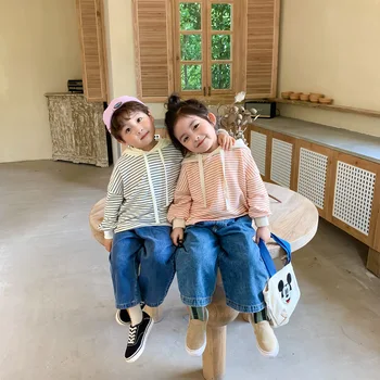 Dekleta Spomladi in Jeseni Kapičastih Pulover 2020 Novi korejski Otrok Prugasta Ohlapno Majico korejski otroška Oblačila