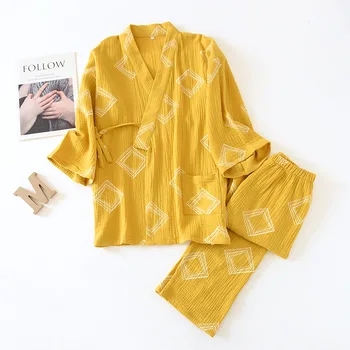 Poletje Kimono Bombažne Krep Par Pižamo Dolgi Rokavi, V-Izrez Kimono Pižame Diamond Vzorec Tiskanje Sleepwear Doma Sklop 2 Kos
