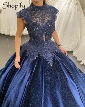 Zabuhle Žogo Obleke Sweet 16 Princesa Mehiški Posla Temno Modra Beaded Čipke Quinceanera Obleke 2020