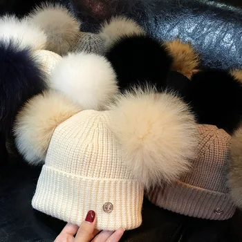 ženske zimske pravi lisica, krzna, volne, pletene klobuk otroška kapa kapa z 2 dve dvojni pom poms pompom ušesa smešno kapo