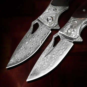 TURENZ-Folding Nož 2.8 v Damask Jekla Leseni Ročaj EOS Lov Orodje Kompakten, Lahek Taktično Žepni Noži z Tulec