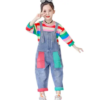 Otroci Oblačila Mavrica Striped Majica s kratkimi rokavi & Jumpsuit Dekleta Obleke Denim Kombinezon Dekleta Obleko Priložnostne otroške Obleke Za Dekleta 4-13Y