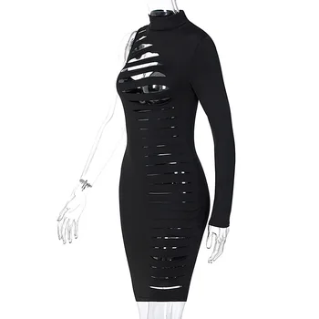 ANJAMANOR Seksi Črna Votlih Iz Bodycon Obleke za Ženske, ki Sodijo 2020 Klub Nosijo Izrezanka En Dolg Rokav Tesen Mini Obleka D95-BE17