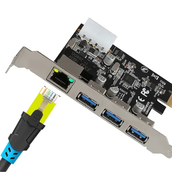 PCI-E, za Zunanje 3 Vrata USB 3.0 HUB + RJ-45 Gigabit Ethernet mrežne Kartice 10/100/1000Mbps PCI Express USB3.0 LAN Combo