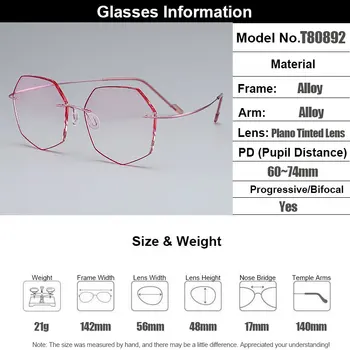 Gmei Optični Ultra-svetlo Roza Titanove Zlitine Žensk Rimless Očal Okvir Z Gradient Roza Odtenek Plano Leče T80892