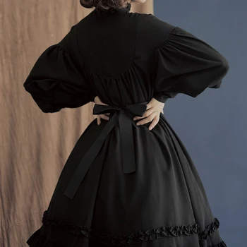 Umeko Dolg Rokav Lolita Midi Vintage Obleko Stojala za Ovratnik Visoko Pasu Gumb Talasati-line Obleko Luštna 2019 Poletje Cosplay Vestidos