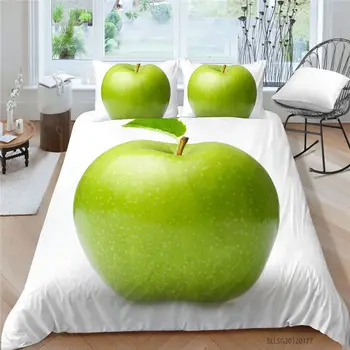 Zeleno Jabolko Posteljo Nastavite Kraljica Velikosti Preprost Klasičen Rjuhe Kritje Bela Eno Dvojno Kralj Twin Popolno 3D Posteljni Set Serija Sadje