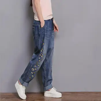 2XL-6XL Plus Velikost Visoke Kakovosti Vezenje cvetje jeans ženska moda novo slim je bil tanek oprati divje letnik traper hlače L833