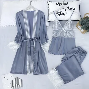 M-XL Ženske Pižame Določa Kimono Plašč 3PC Trak Top Hlače Obleko Sleepwear Nightgown Seksi Dama Domačo Rabo Kopalne Obleke Nightdress