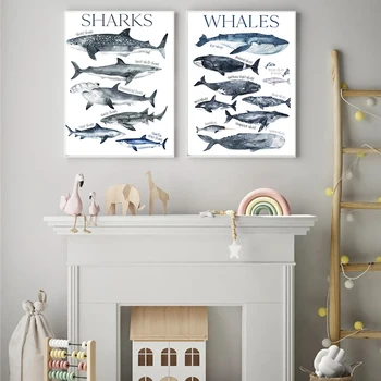Akvarel Kita Tiskanja Vrtec Wall Art Platno Slikarstvo Shark Plakat Plaži Navtičnih Steni Sliko Dekor Otroci Soba Dekoracijo Sten