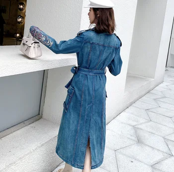 2020 pomladni vintage vezene denim jarek plašč ženske dvojno zapenjanje slim dolge jeans vetroloma outercoat