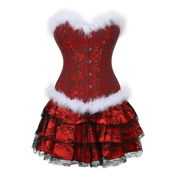 Božič Santa Korzet Obleko Overbust Bustier Seksi Krilo Nastavite Corselet Perilo Burleske Gothic Letnik Plus Velikost Kostum Rdeče