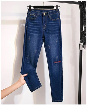 Jeseni novi kolena vezenje stretch slim celotno dolžino ženske jeans visoko pasu suh svinčnik hlače traper hlače mujer plus velikost