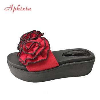 Aphixta Rdeče Rože Platformo Copati Ženske Vezenje Plaži 6 cm Klin Pete, Čevlji Zlepi Strani Flip Flop Sandali, Čevlji Za Ženske