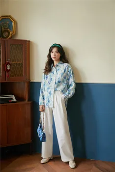 CHEERART Ledenik Tie Dye Bluzo Ženske 2020 Modra Dolg Rokav Vrh Gumb Gor Ovratnik Shirt Priložnostne Svoboden korejski Modnih Oblačil
