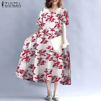Elegantno Natisnjeni Maxi Obleko ZANZEA 2021 Žensk Sundress Poletje Priložnostne Kratek Rokav Cvetlični Vestidos Ženski Plašč Femme Plus Velikost