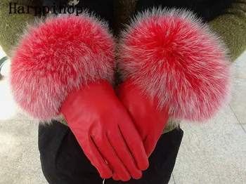2017 ženske nov slog jeseni, pozimi prišel visoko kakovostni moda mehko usnje toplo debel pravi lisica krzno rokavice, palčniki
