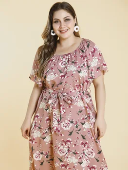 2021 poletje plus velikost dolga obleka za ženske velika svoboden priložnostne kratek rokav tiskanja cvet cvetni obleke pasu roza 4XL 5XL 6XL 7XL