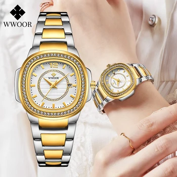 2021 Ženske Modni Kvadratnih Watch Dame Oblačenja Quartz Zapestne Ure WWOOR Top blagovne Znamke Luxury Gold Diamond Dekleta Ura zegarek damski