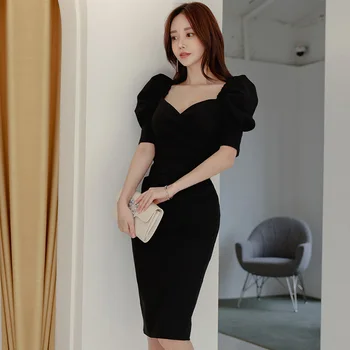 Črn Svinčnik Urad Dama Obleko 2021 Pomlad Korejska Različica Preprost Proti-Vrat Puff Rokav Visoko Pasu Tesen Eleganten Stranka Obleka Ženske
