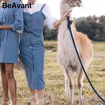 BeAvant Seksi trak dolgo jeansa obleko ženske Letnik gumb spredaj na premcu pasu poletne obleke 2020 Pomlad gospe urad obleka ženske