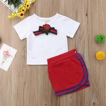2021 Čisto Nov 1-5Y Poletje Malčke Baby Girl Obleke, Kompleti Vezenino iz Belega Bombaža T-Srajce Vrhovi Rdeča Mini krilo Svinčnik