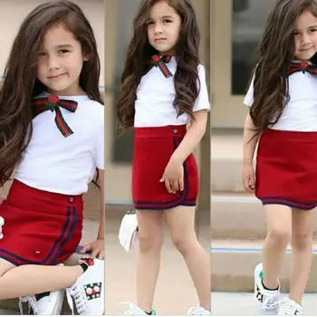 2021 Čisto Nov 1-5Y Poletje Malčke Baby Girl Obleke, Kompleti Vezenino iz Belega Bombaža T-Srajce Vrhovi Rdeča Mini krilo Svinčnik