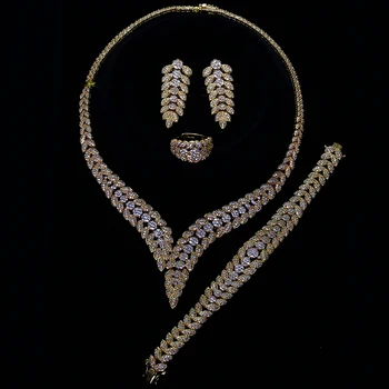 Omejena izdaja, Razkošen nakit set za udejstvovanje stranka Bela/Zlata Ogrlica+Zapestnica+uhani+Obroč Big 4pcs nakit sklopov
