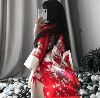 Japonski Kimono Seksi Cosplay Obleko Za Ženske Tradicionalni Slog Haljo Yukata Kostume Pižamo Mehka Svila Pasu 3pcs Nastavite Črno Rdeča